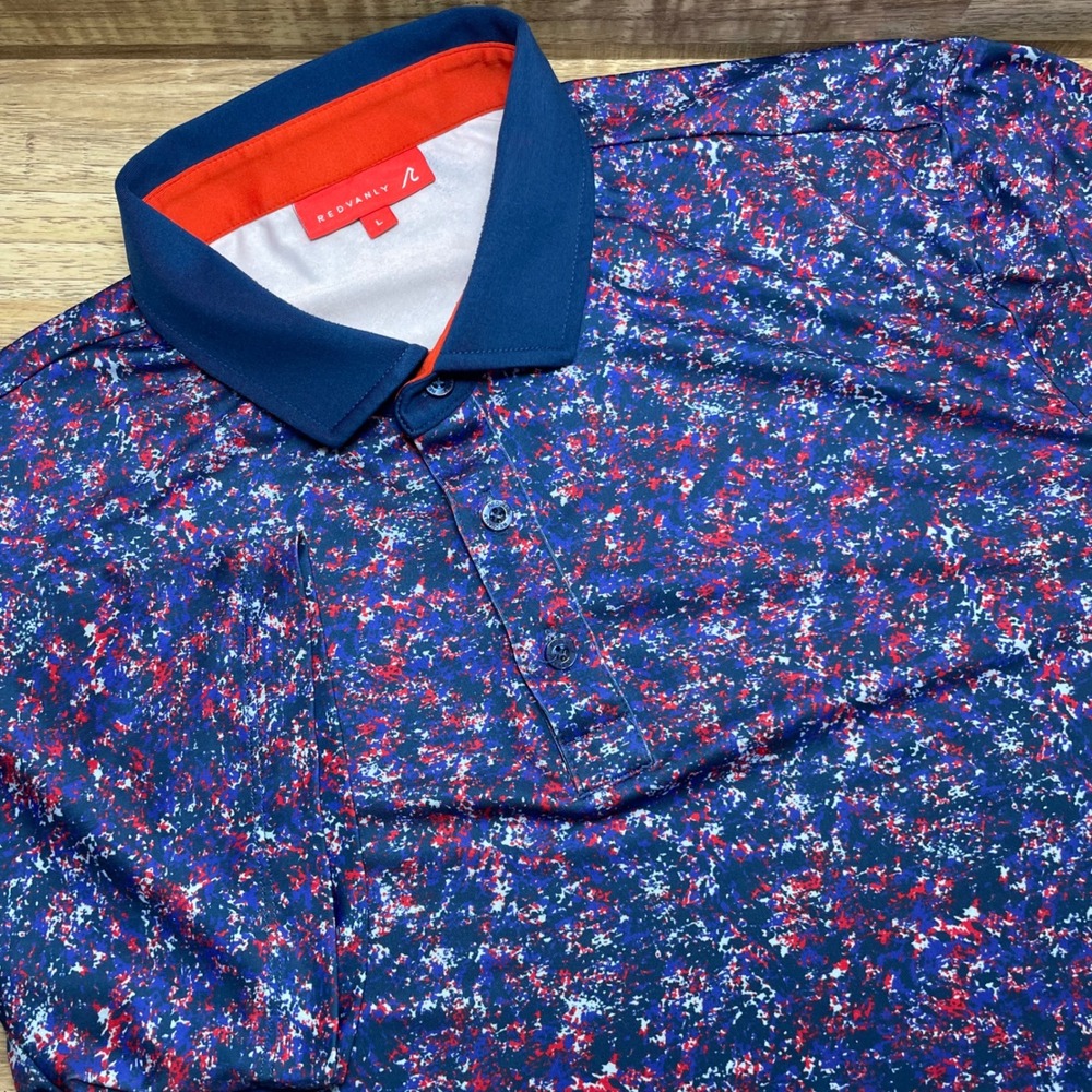 Redvanly Men's Performance Golf Polo Shirt Blue Red Abstract Splatter Large
